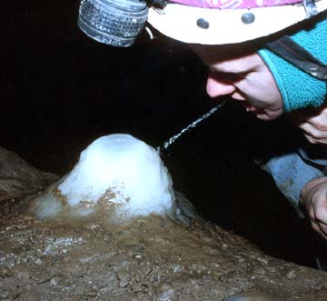 Cavers use spray bottles to perform conservation work removing prints.