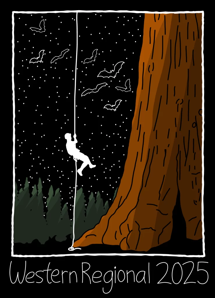 Western Regional 2025 logo: a caver ascends a rope affixed out of sight to a large cedar. Bats fly in the background.